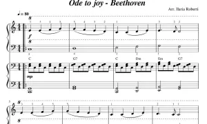 Oda do radości nuty pianino. Fragment partytury Beethovena z melodią "Oda do radości" na pianino.