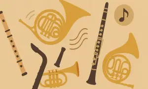 Różnorodne instrumenty dęte: flet, klarnet, saksofon, trąbka i dwa rogi. Muzyka w tle.