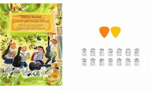 Okładka książki "Gitara pierwsza klasa" z dziećmi niosącymi instrumenty. Obok kostki i diagramy akordów gitarowych.