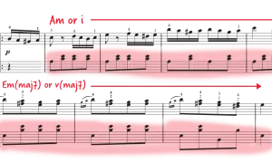 Fragment muzyczny z zaznaczonymi akordami, sugerującymi "Marsz turecki" nuty literowe.