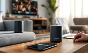 Dwa czarne głośniki Bluetooth i tablet na drewnianym stoliku. Dowiedz się, jak połączyć dwa głośniki bluetooth, by uzyskać lepszy dźwięk.
