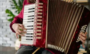 Dłoń gra na klawiszach akordeonu, pokazując, jaki to instrument.