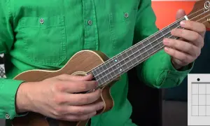 Ręce trzymają ukulele, pokazując akord. Idealne do nauki gry na ukulele dla dzieci.