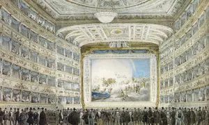 Widownia teatru z lożami pełnymi widzów, scena z malowidłem i tłum elegancko ubranych panów na parterze. Idealne miejsce na opery Verdiego.
