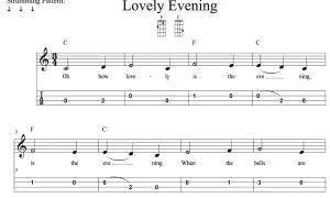Proste tabulatury ukulele do piosenki "Lovely Evening" z akordami C i F.