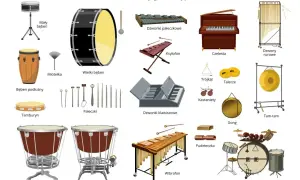 Ilustracja prezentuje różnorodne instrumenty perkusyjne: bębny, ksylofon, wibrafon, dzwonki, talerze, gong, tam-tam, kastaniety, trójkąt, a także komplet jazzowy.