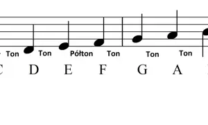 Linia melodyczna z nutami C, D, E, F, G, A, H, C, oznaczonymi jako "Ton" lub "Półton".