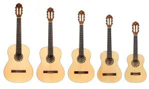Pięć gitar klasycznych o różnej wielkości, idealnych jako jaka gitara klasyczna na początek.