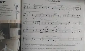 Nuty z baletu Jezioro łabędzie Piotra Czajkowskiego, z fragmentem melodii i wskazówkami dla tancerzy.