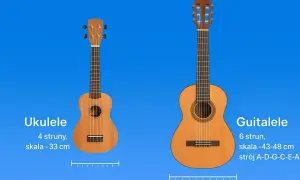 Ukulele i Guitalele, dwie małe gitary. Jedna ma 4 struny, druga 6.