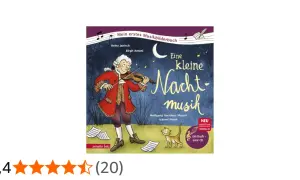 Ilustracja z książki "Eine kleine Nachtmusik" przedstawia Mozarta grającego na skrzypcach.