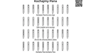 Diagramy z zapisanymi nutami na flet prosty. Tekst "Kochajmy Pana" towarzyszy zapisom, zachęcając do wspólnego muzykowania.