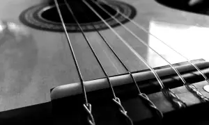 Zbliżenie na gitarę, gdzie widoczne są napięte struny. Ich metaliczny połysk i sposób mocowania przy mostku sugerują gotowość do wydobycia pięknych dźwięków.