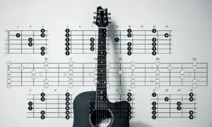 Akustyczna gitara i schematy akordów, w tym akord G. Nauka gry na gitarze zaczyna się od podstaw.
