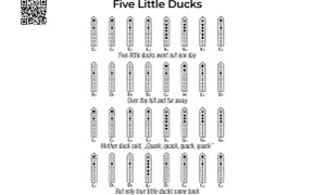 Instrukcja do łatwych piosenek na flet: "Five Little Ducks" z zapisem nutowym dla początkujących.