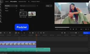 Edytor wideo pokazuje, jak dodać muzykę do filmu. Na osi czasu widać klip wideo i ścieżkę audio.