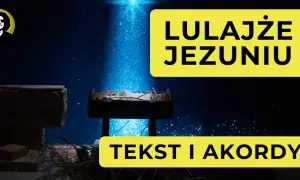 Żłóbek z Dzieciątkiem Jezus pod niebieskim światłem, z napisem "Lulajże Jezuniu" i "Tekst i akordy".