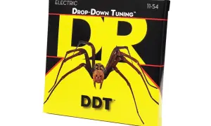 Pudełko strun gitarowych z pająkiem i napisem "DROP-DOWN TUNING". Idealne do ciężkich brzmień.