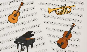 Instrumenty muzyczne: gitara, fortepian, trąbka i skrzypce, na tle nut.