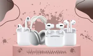 Różne modele słuchawek, w tym AirPods Pro i AirPods Max, na różowym tle. Czy airpodsy są wodoodporne? Sprawdź!