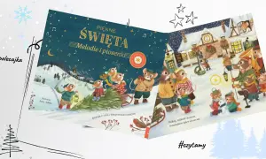 Myszki grają kolędy na harmonijce, tworząc świąteczną atmosferę. Ilustracja z książki "Piękne Święta".