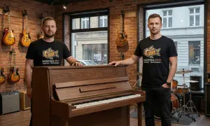 Dwóch mężczyzn w koszulkach BOXFISH.PRO obok pianina. Sprawdź transport pianina cena.