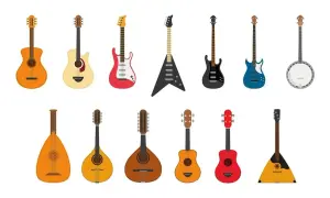 Różnorodne instrumenty strunowe: gitary akustyczne, elektryczne, basowe, banjo, lutnia, mandolina, ukulele i bałałajka.