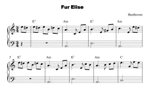 Fragment partytury "Für Elise" Beethovena. Nuty do Elizy, z akordami E7, Am i C.