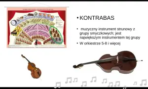 Schemat orkiestry symfonicznej z zaznaczonymi kontrabasami. Obok zdjęcie kontrabasu, największego instrumentu smyczkowego.