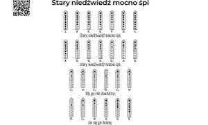 Nuty do piosenki "Stary niedźwiedź mocno śpi" na flet prosty. Pokazują, jak zagrać melodię, naciskając odpowiednie otwory.