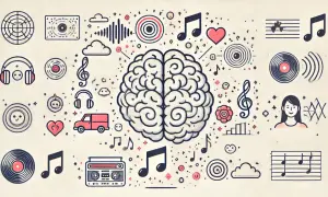 Mózg pełen muzyki: nuty, płyty winylowe, słuchawki i fale dźwiękowe tworzą wesołą melodię.