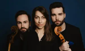 Trzech muzyków, tworzących triolę, pozuje z instrumentami smyczkowymi na tle granatowym.