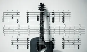 Tabulatury i schematy pokazują podstawowe akordy na gitarę, ułatwiając naukę gry.