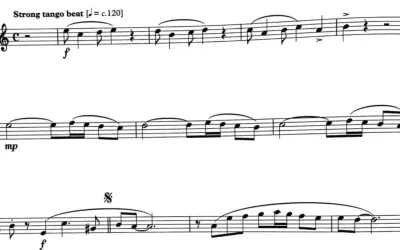 Fragment nut z zaznaczonym tempem tanga i dynamiką forte i mezzo piano.