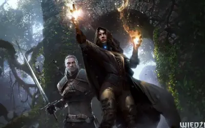 Geralt i czarodziejka w mrocznej, leśnej scenerii. Ona rzuca zaklęcie, a on trzyma miecz. W grocie króla gór nuty magii unoszą się w powietrzu.