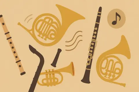 Różnorodne instrumenty dęte: flet, klarnet, saksofon, trąbka i dwa rogi. Muzyka w tle.