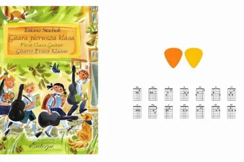 Okładka książki "Gitara pierwsza klasa" z dziećmi niosącymi instrumenty. Obok kostki i diagramy akordów gitarowych.