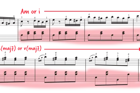 Fragment muzyczny z zaznaczonymi akordami, sugerującymi "Marsz turecki" nuty literowe.
