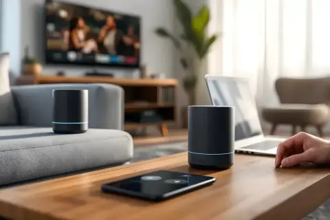 Dwa czarne głośniki Bluetooth i tablet na drewnianym stoliku. Dowiedz się, jak połączyć dwa głośniki bluetooth, by uzyskać lepszy dźwięk.