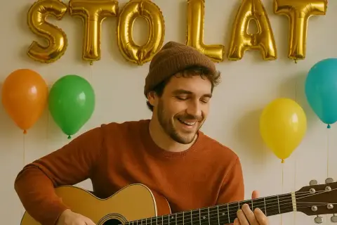 Uśmiechnięty mężczyzna w czapce gra na gitarze na tle złotych balonów z napisem "STO LAT" i kolorowych balonów.