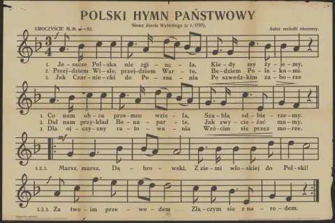 Nuty polskiego hymnu państwowego z tekstem "Mazurek Dąbrowskiego".