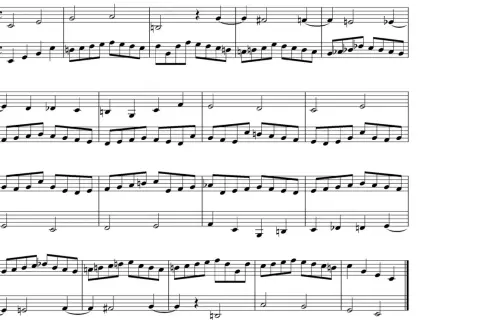 Fragment muzyczny z dwoma głosami, tworzący kanon. Górna linia melodyczna powtarza się z opóźnieniem w dolnej.