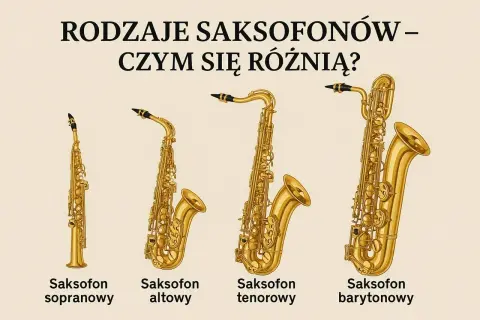 Różne rodzaje saksofonów: sopranowy, altowy, tenorowy i barytonowy, prezentują odmienny wygląd i rozmiar.