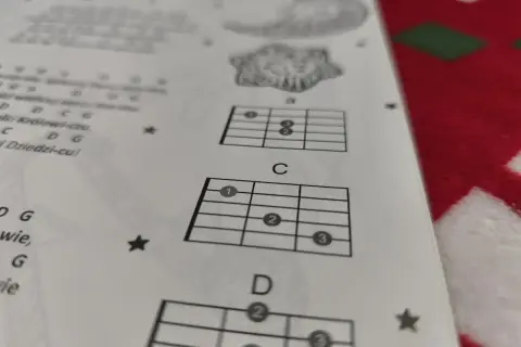 Nuty z akordami do kolęd na gitarę: A, C, D. Nauka gry na instrumencie.