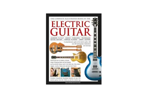 Książka do nauki gry na gitarze elektrycznej, z ilustracjami i ćwiczeniami.
