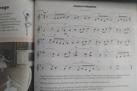 Nuty z baletu Jezioro łabędzie Piotra Czajkowskiego, z fragmentem melodii i wskazówkami dla tancerzy.