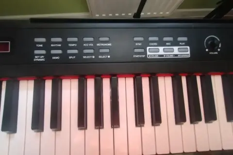 Klawiatura pianina cyfrowego z przyciskami sterującymi. Zastanawiasz się, ile klawiszy ma pianino? To pytanie, na które odpowiedź znajdziesz, licząc je!