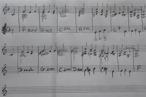 Zapis nutowy z akordami, idealny do nauki gry na akordeonie. Znajdziesz tu łatwe nuty i proste harmonie.