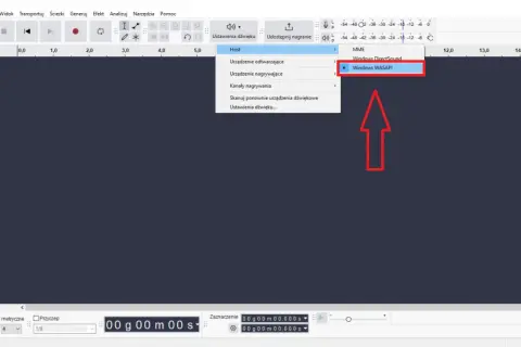 Wybór Windows WASAPI do nagrywania dźwięku z komputera w Audacity.