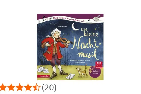 Ilustracja z książki "Eine kleine Nachtmusik" przedstawia Mozarta grającego na skrzypcach.